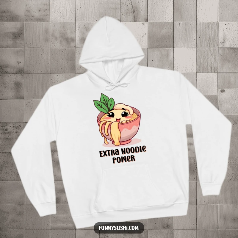Funny hoodie featuring a smiling ramen bowl character winking and holding a big noodle, perfect for warm and humorous gifting.