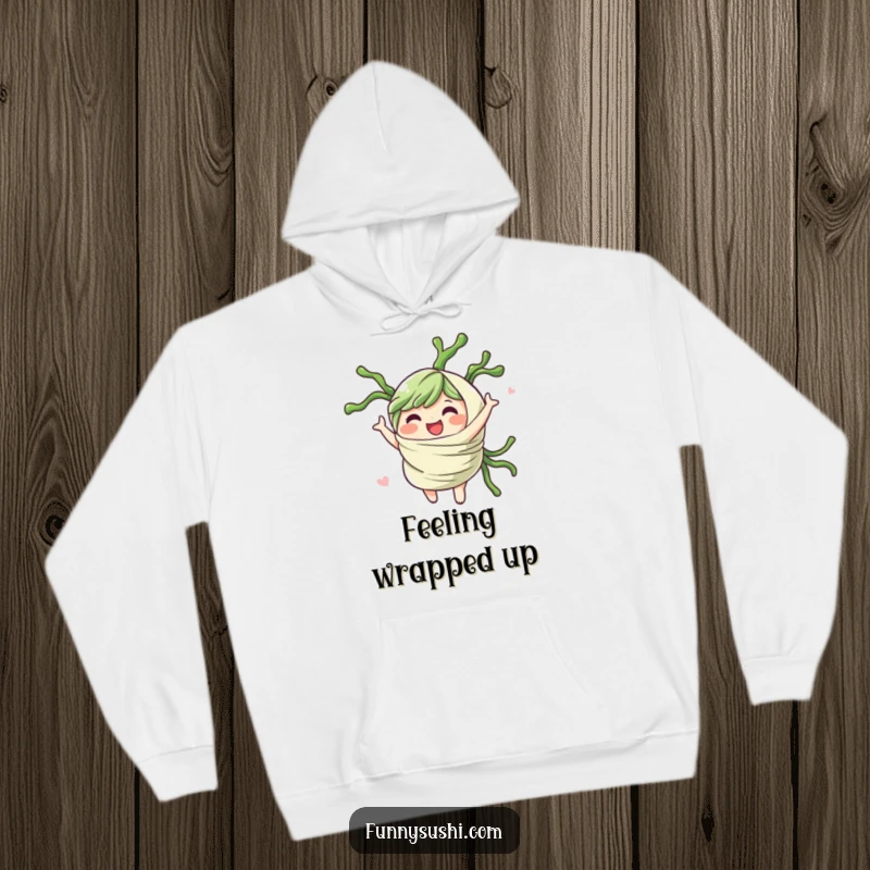 Funny cheerful seaweed wrap character spinning gleefully, printed on a soft and warm hoodie.