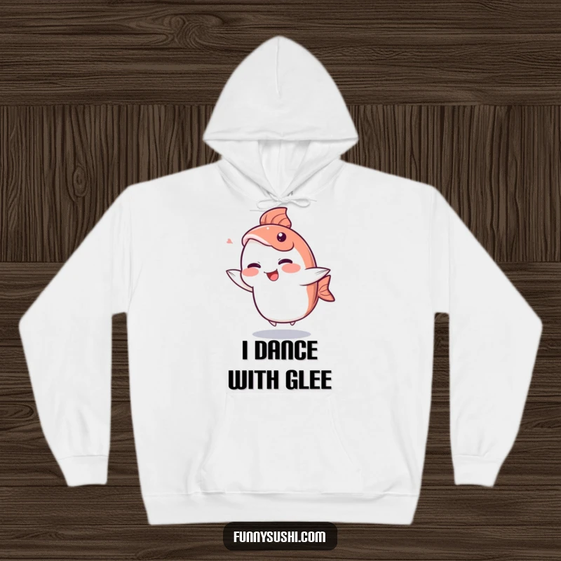 Funny Sashimi Hoodie: A giggling sashimi slice character dances playfully, offering warm and humorous apparel.