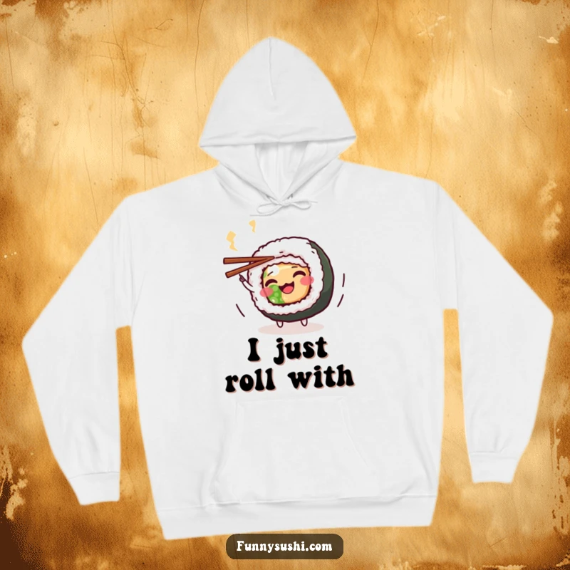 Funny Maki Roll Hoodie: A joyful maki roll character spins chopsticks with gusto, offering warm and funny apparel.