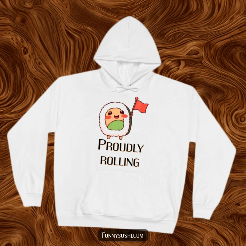 Funny Sushi Nigiri hoodie, a happy nigiri character enthusiastically waving a tiny flag, symbolizing celebration.
