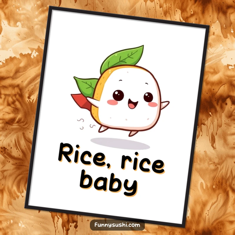 Funny Free Printable Wall Art: A happy onigiri wearing a leaf cape zooms across, adding a playful vibe.