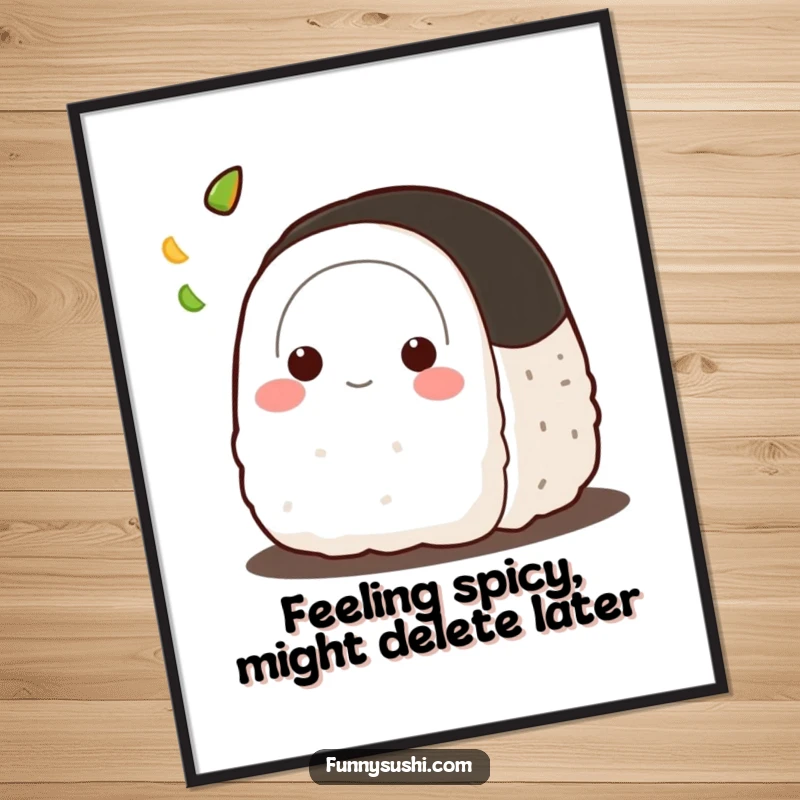 Funny Free Printable Wall Art depicting a mischievous onigiri character enthusiastically throwing a tiny dab of wasabi.