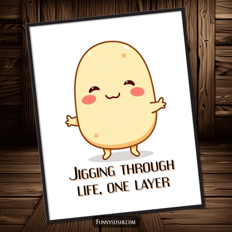 Funny Free Printable Wall Art: Smiling Tamagoyaki character performing a funny little jig, adding cheerful food decor.