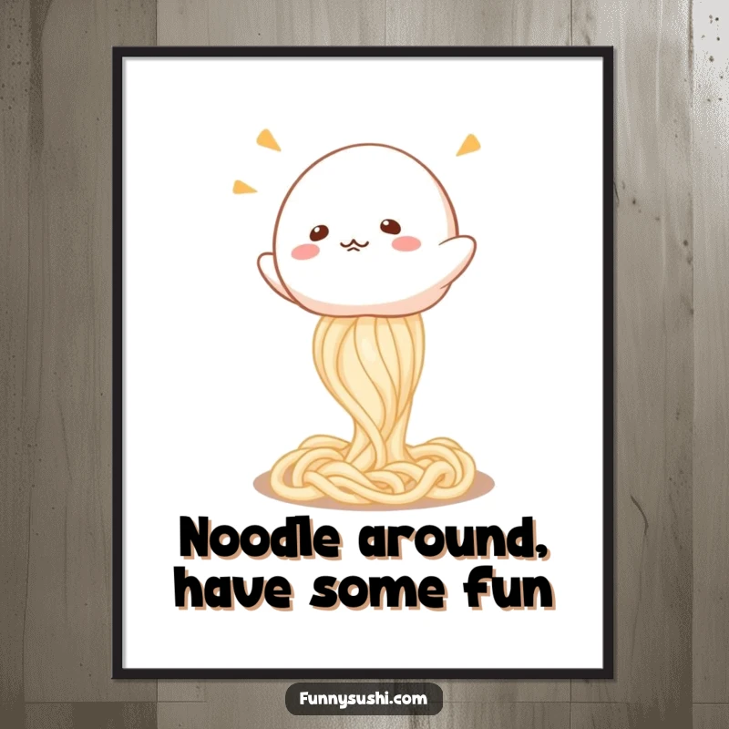 Funny Free Printable Wall Art of a giggling mochi character having a blast bouncing on a springy udon noodle.