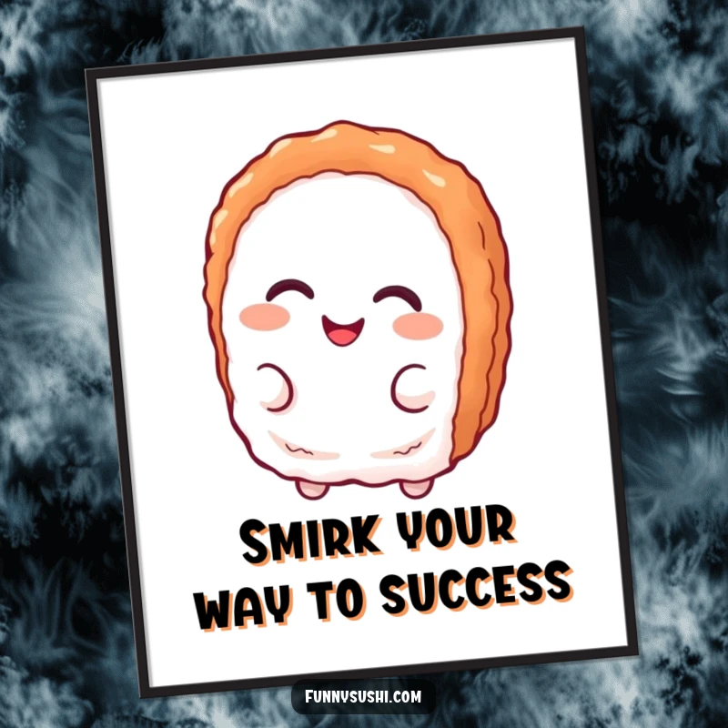 Funny free printable wall art of a delighted tuna nigiri character giving a sly, playful smirk.