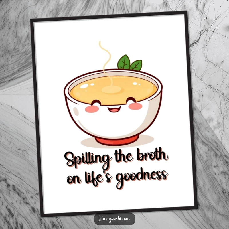 Funny Free Printable Wall Art: Cheerful miso soup bowl with happy face, playfully spilling broth, cute downloadable art.
