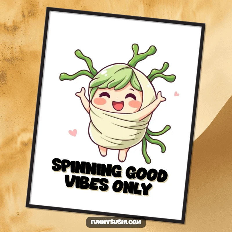 Funny free printable wall art of a cheerful seaweed wrap character spinning gleefully, creating a sense of motion.