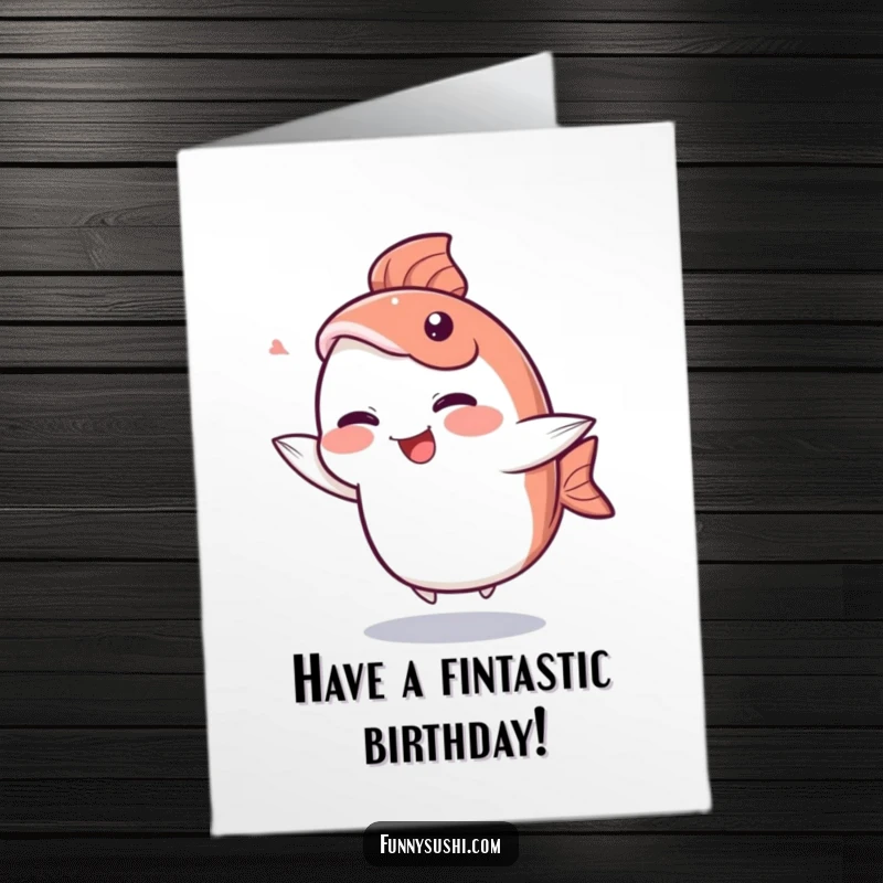 Funny Free Printable Birthday Card: Giggling Sashimi doing a silly dance with its tail fin, perfect for celebrations.