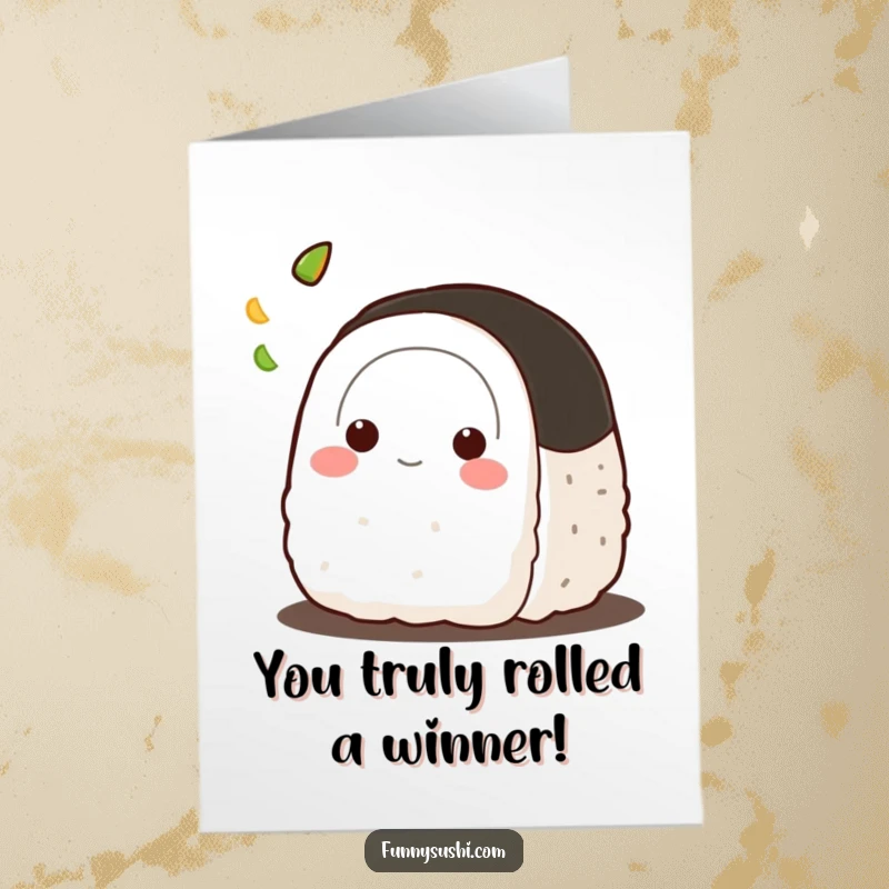 Funny Free Printable Congratulations Card showing a cheerful onigiri character flinging a tiny wasabi dab in celebration.