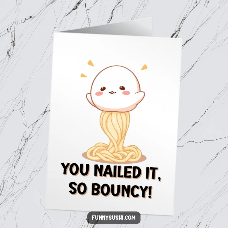 Funny Free Printable Congratulations Card showing a happy mochi character bouncing gleefully on a springy udon noodle.