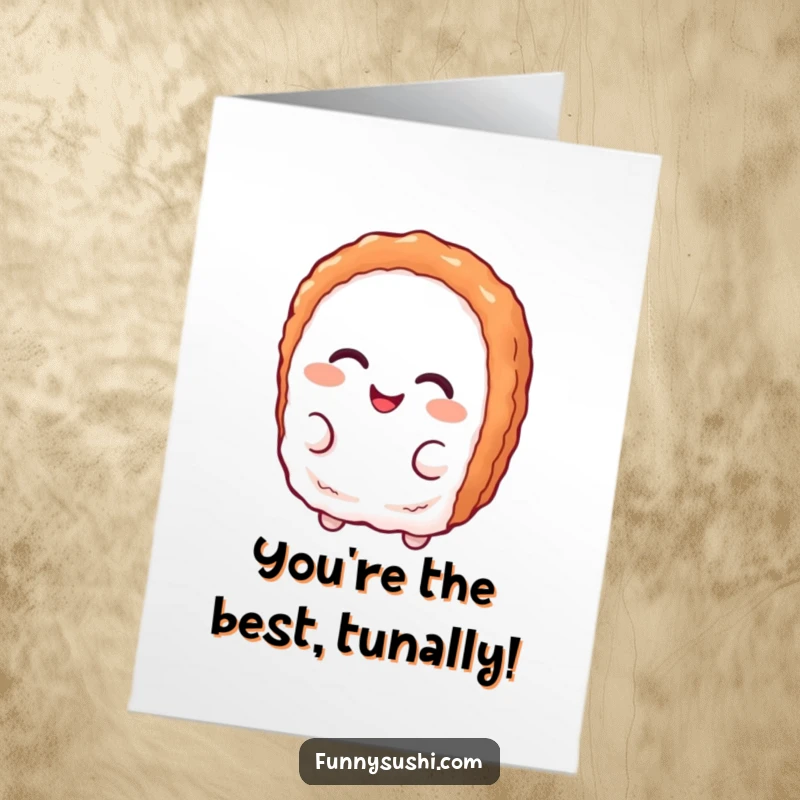 Funny free printable congratulations card showing a delighted tuna nigiri character with a playful, knowing smirk.