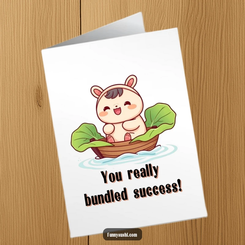 Funny Free Printable Congratulations Card featuring a happy bao bun character navigating in a tiny cabbage leaf boat.