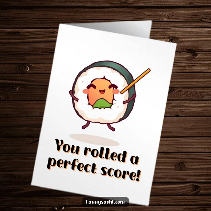 Funny Free Printable Congratulations Card: Happy sushi roll with legs, dancing with chopsticks, great downloadable gift.