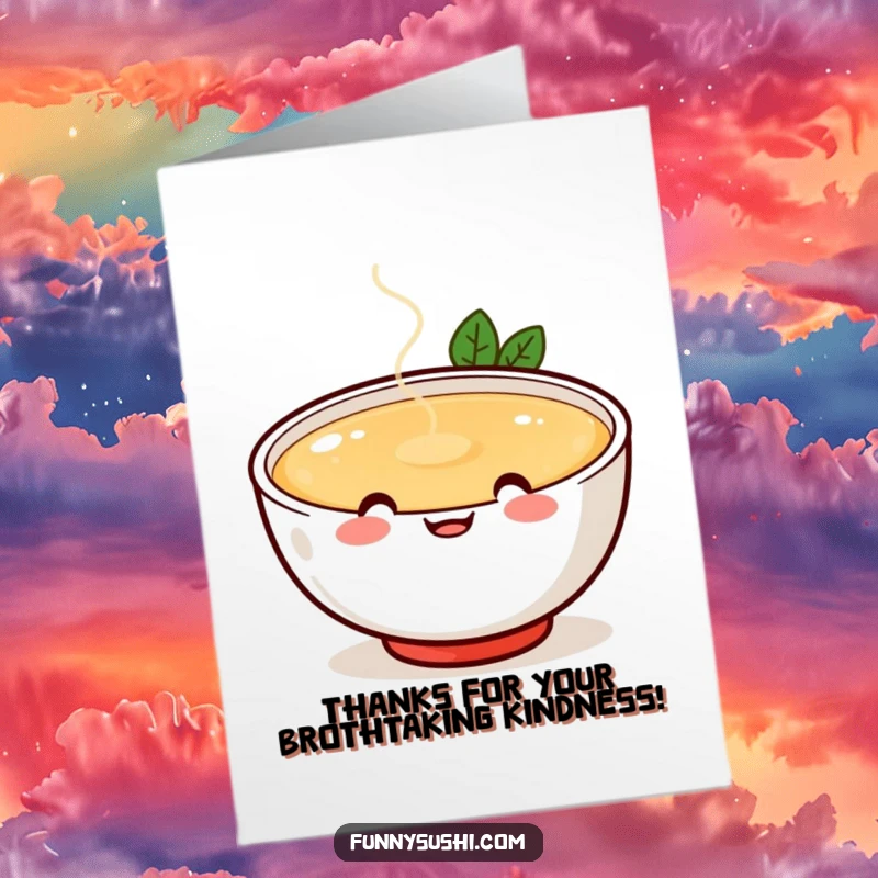 Funny Free Printable Thank You Card: Cheerful miso soup bowl, happy face, spilling broth, perfect print-at-home thank you.