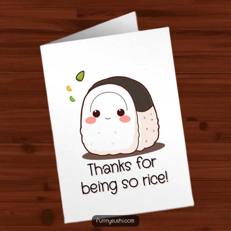Funny Free Printable Thank You Card with a happy onigiri character playfully tossing a small dab of wasabi.