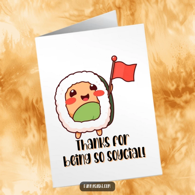 Funny Free Printable Thank You Card with a smiling sushi nigiri character happily waving a tiny flag.