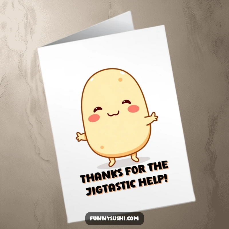 Funny Free Printable Thank You Card: Smiling Tamagoyaki performing a funny little jig, expressing sweet thanks.