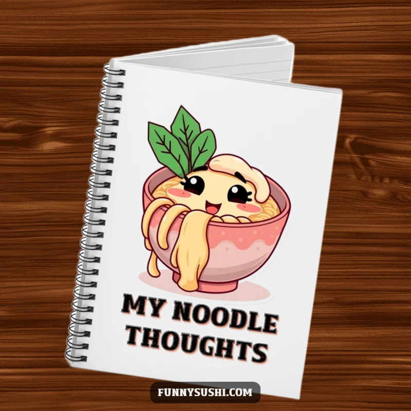 Funny notebook with a smiling ramen bowl character winking and holding a noodle, ideal for jotting notes and funny gifting.