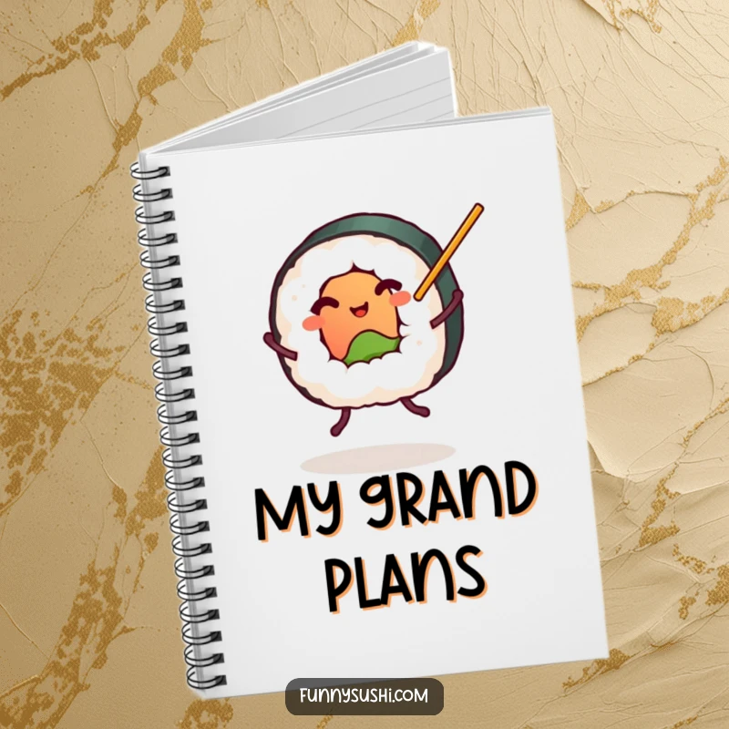 Funny plump sushi roll with tiny legs dancing with chopsticks, foodie notebook, spiral journal, humorous stationery.