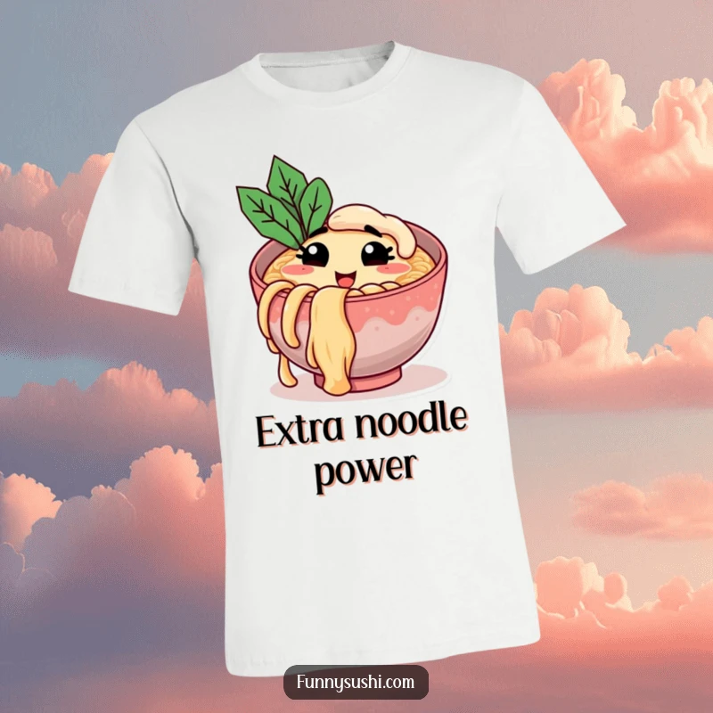 Funny t-shirt with a smiling ramen bowl winking and holding a giant noodle, showcasing playful noodle enthusiasm for gift purchase.