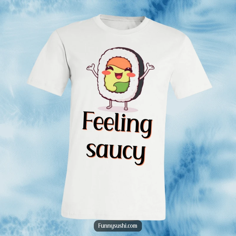 Funny sushi roll character with tiny arms doing a jig, showcased on a fun and vibrant t-shirt.