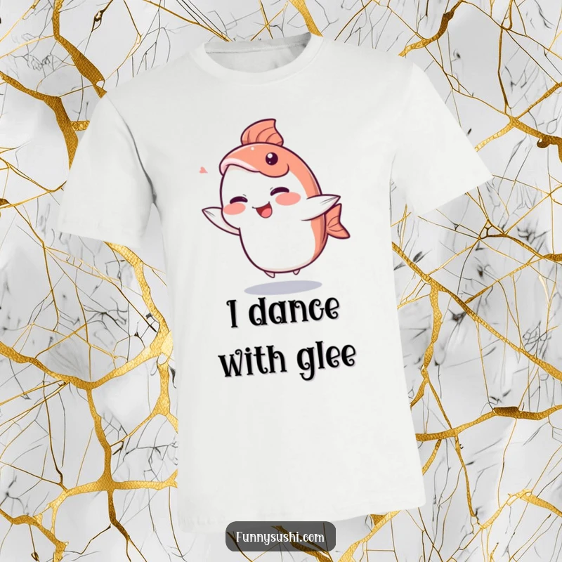 Funny Sashimi T-Shirt: A giggling sashimi slice character performs a funny dance with its tail fin, showcasing humor.