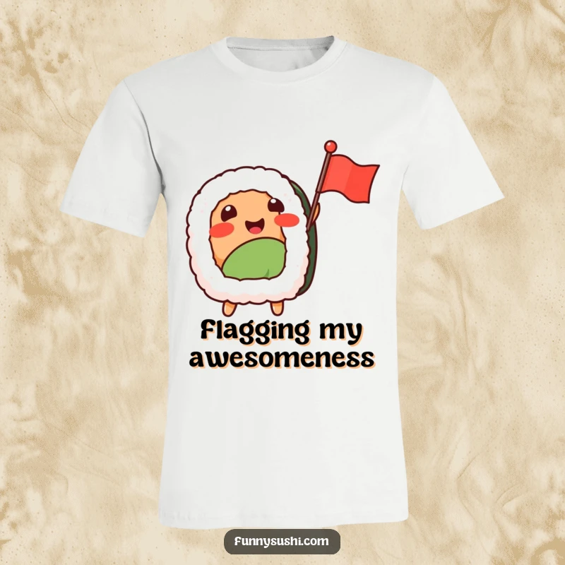 Funny Sushi Nigiri t-shirt, a smiling nigiri piece joyfully waving a small flag, radiating excitement.