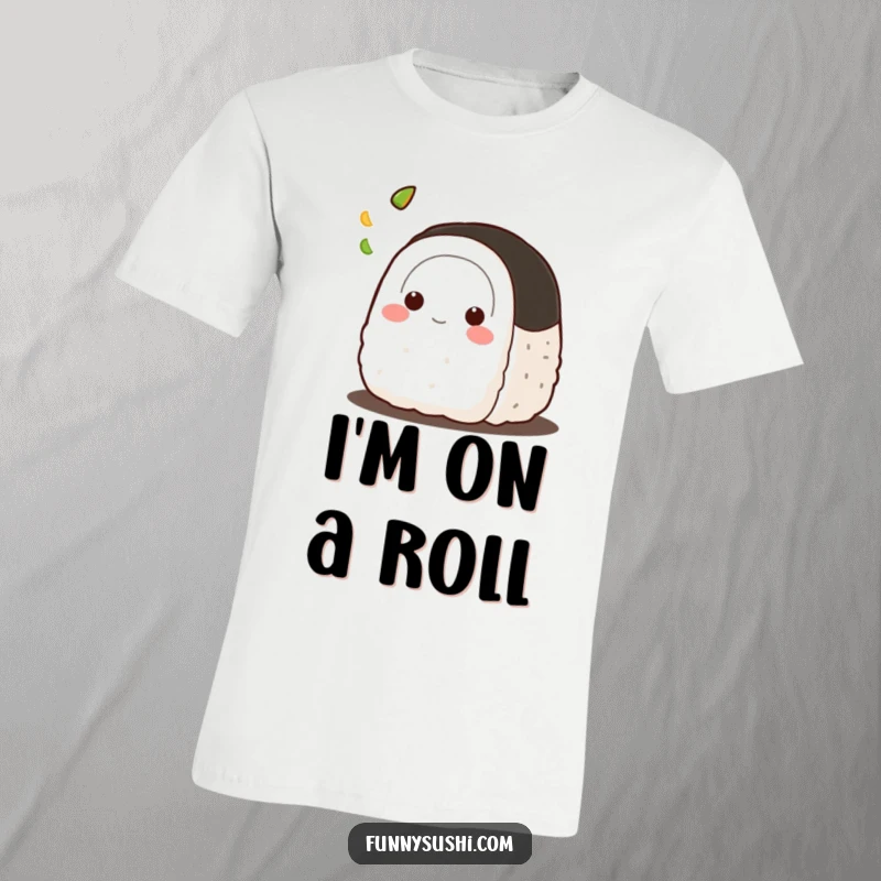 Funny Onigiri t-shirt, a mischievous rice ball character tossing a tiny dab of wasabi with a gleeful expression.