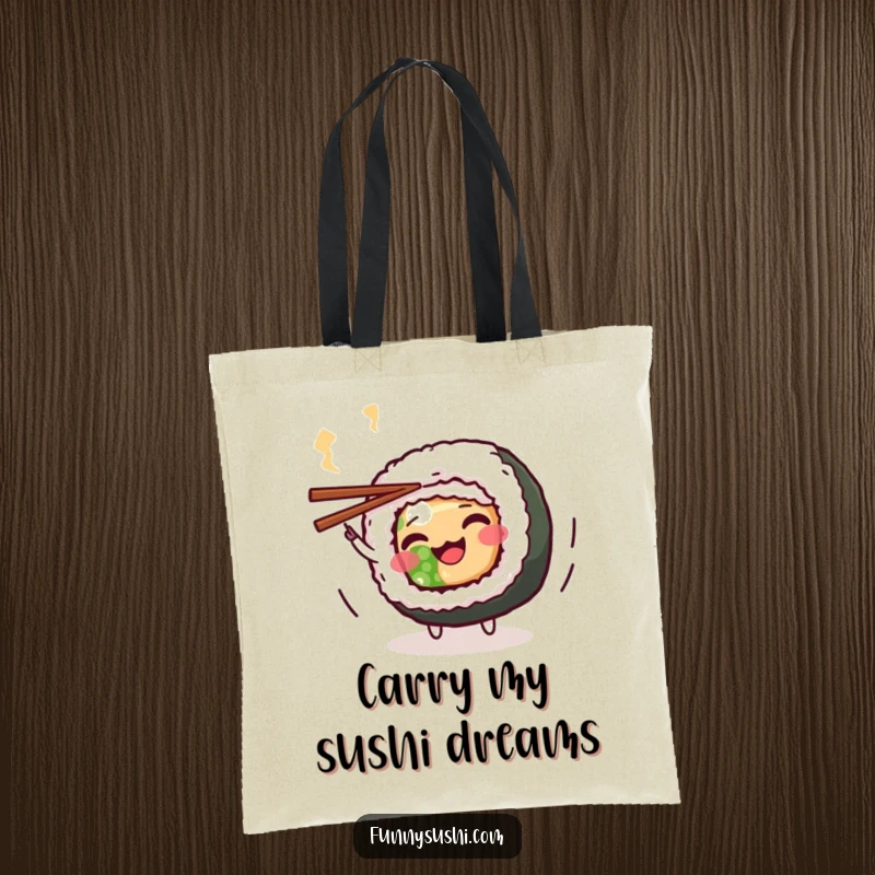 Funny Maki Roll Tote Bag: A wiggling maki roll character spins chopsticks, making this a humorous and practical accessory.