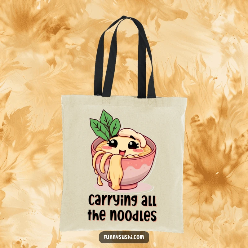 Funny tote bag with a cheerful ramen bowl character winking and holding a noodle, great for shopping and funny gifting.