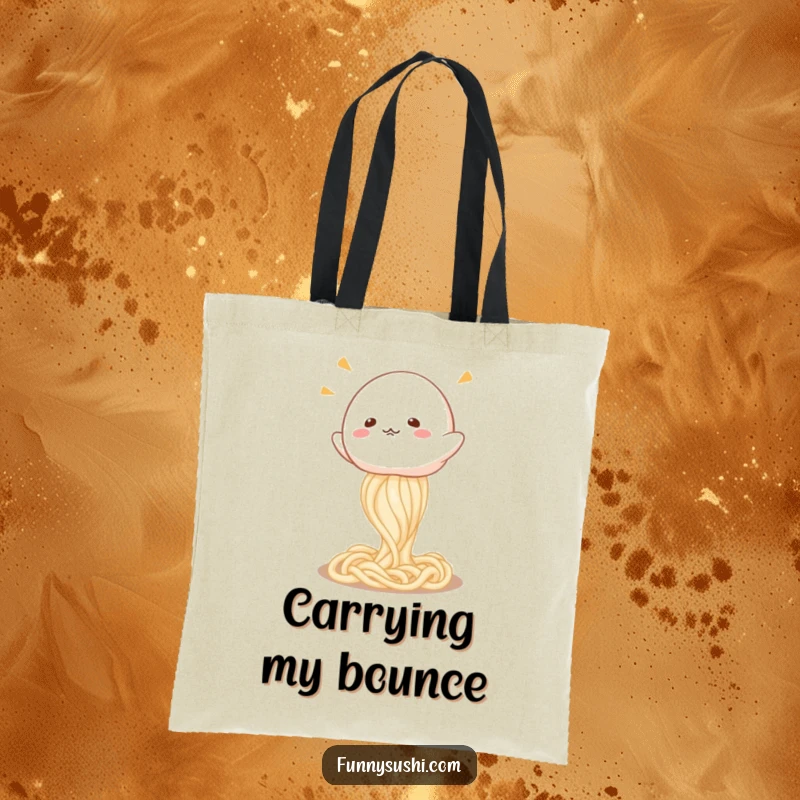 Funny Mochi tote bag, featuring a cute mochi character happily bouncing on a springy udon noodle, ready for anything.
