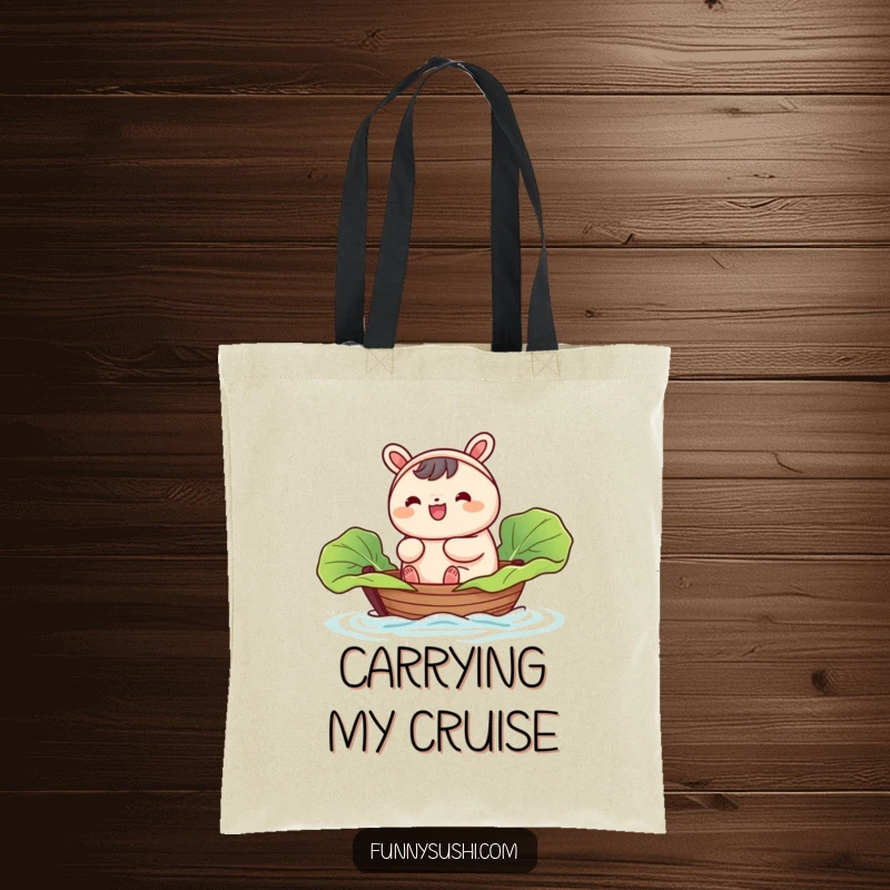 Funny Bao Bun tote bag, featuring a happy bun character sailing in a tiny cabbage leaf boat, ready for errands.