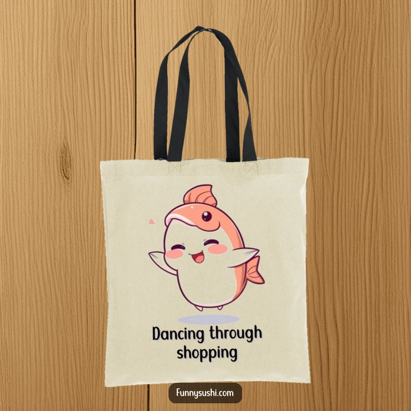 Funny Sashimi Tote Bag: A giggling sashimi slice character dances with its tail fin, a humorous and practical bag.