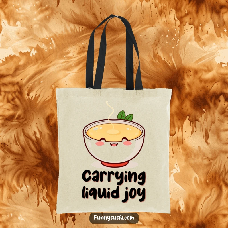 Funny cheerful miso soup bowl with happy face spilling broth playfully, reusable tote bag, food themed accessory, humorous.