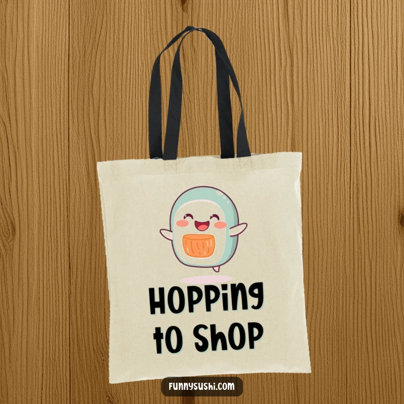 Funny salmon roll character doing a little hop, featured on a practical and humorous tote bag.