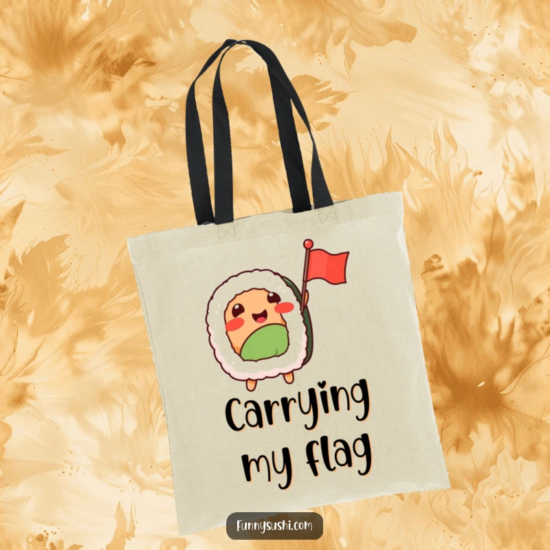 Funny Sushi Nigiri tote bag, a smiling nigiri character excitedly waving a tiny flag, ready for adventures.