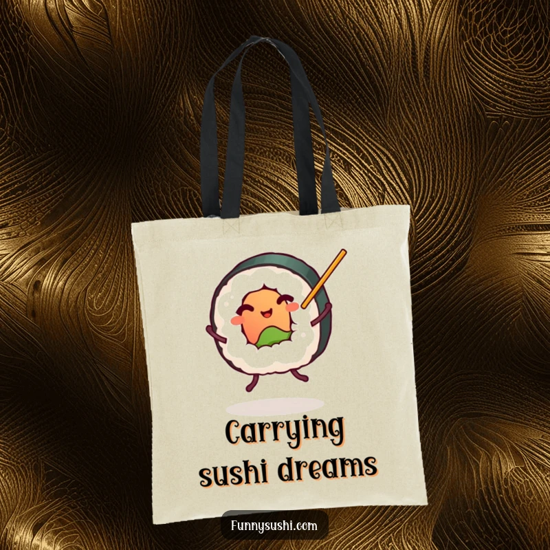 Funny plump sushi roll with tiny legs dancing with chopsticks, reusable tote bag, food themed accessory, humorous.