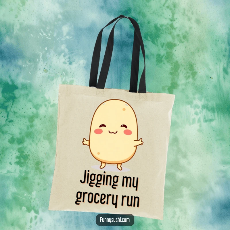 Funny Tamagoyaki Tote Bag: A smiling tamagoyaki character does a funny jig, making this a humorous and useful bag.