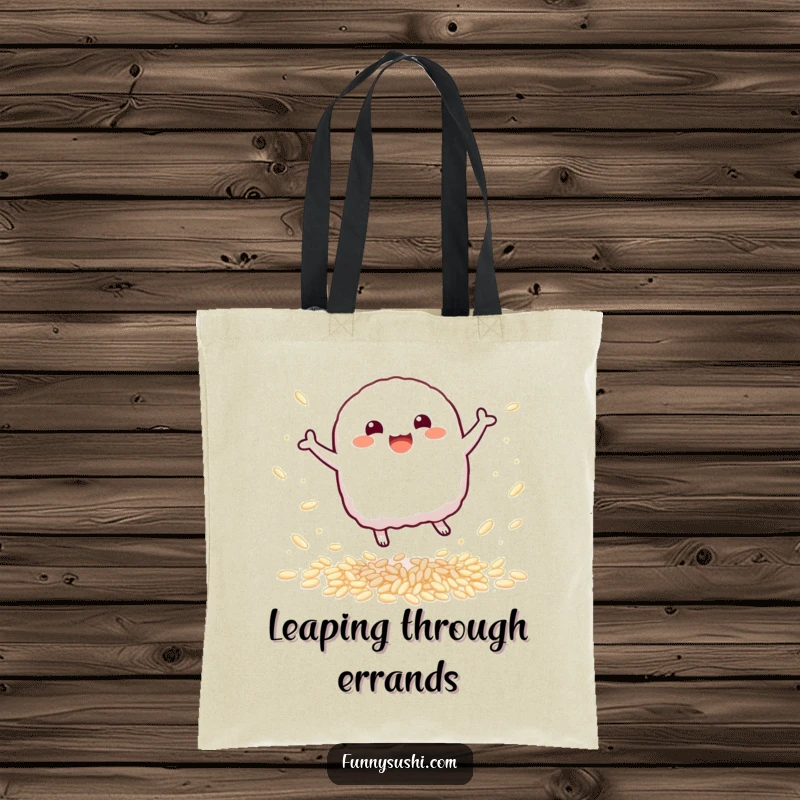 Funny Nigiri Tote Bag: A bouncy nigiri sushi character leaps amid sparkling rice, a humorous and practical bag.