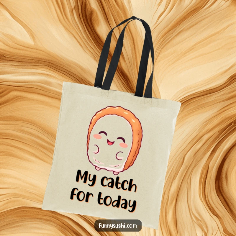 Funny tuna nigiri character sporting a playful smirk, on a durable and humorous tote bag.