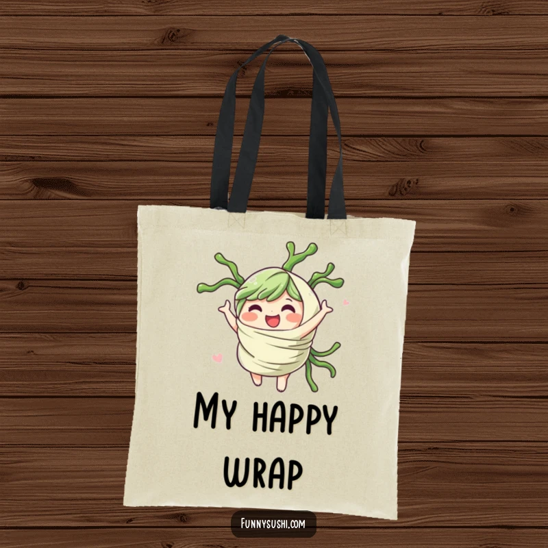Funny seaweed wrap character spinning gleefully, featured on a durable and humorous tote bag.